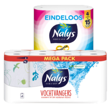 Nalys vochtvangers
of blitz keukenpapier
pak à 1/8 rollen of Nalys
eindeloos toiletpapier 4=15
pak à 4 rollen